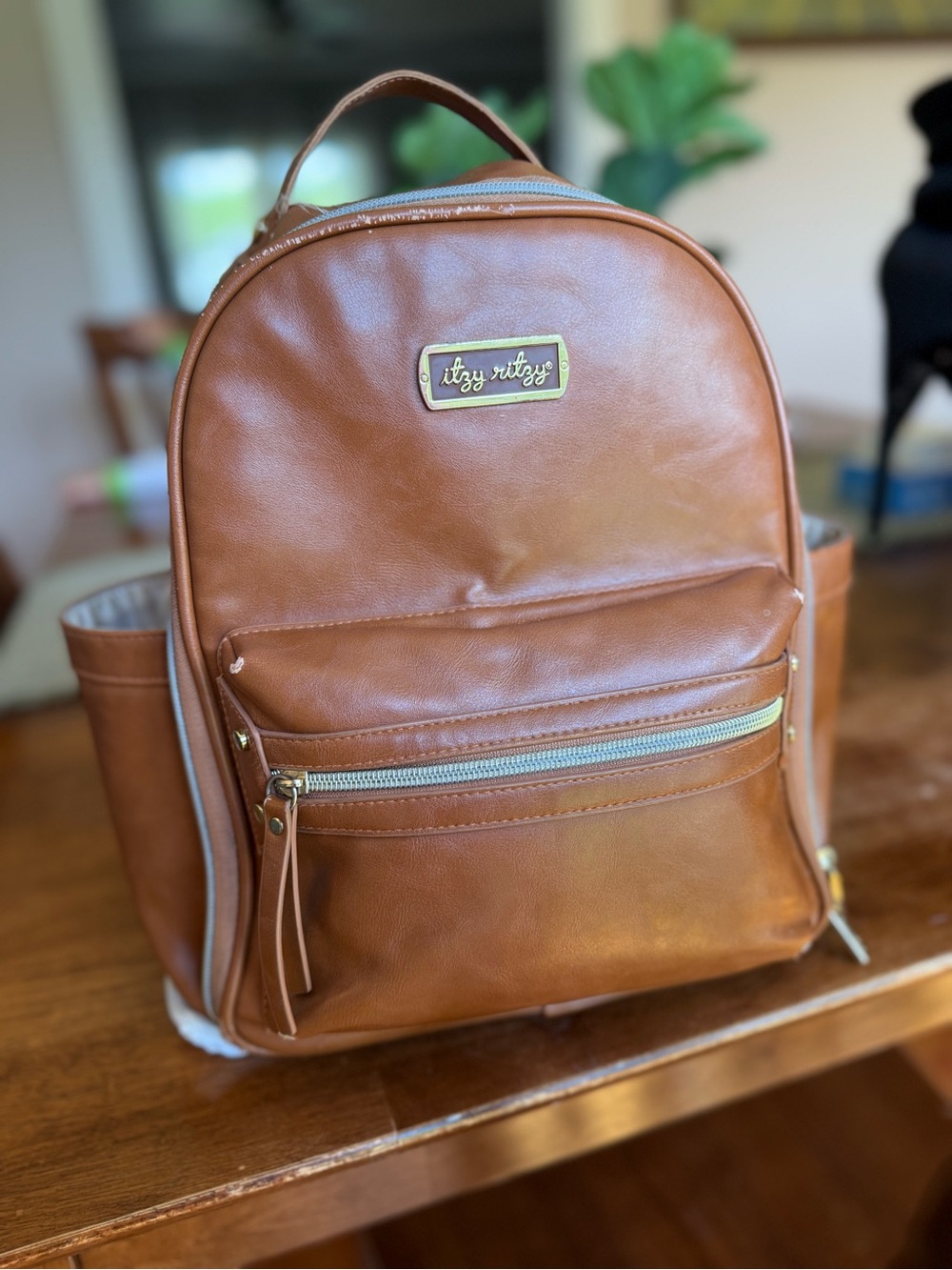 Itzy Ritzy Tan Faux Leather Backpack with Gold Hardware